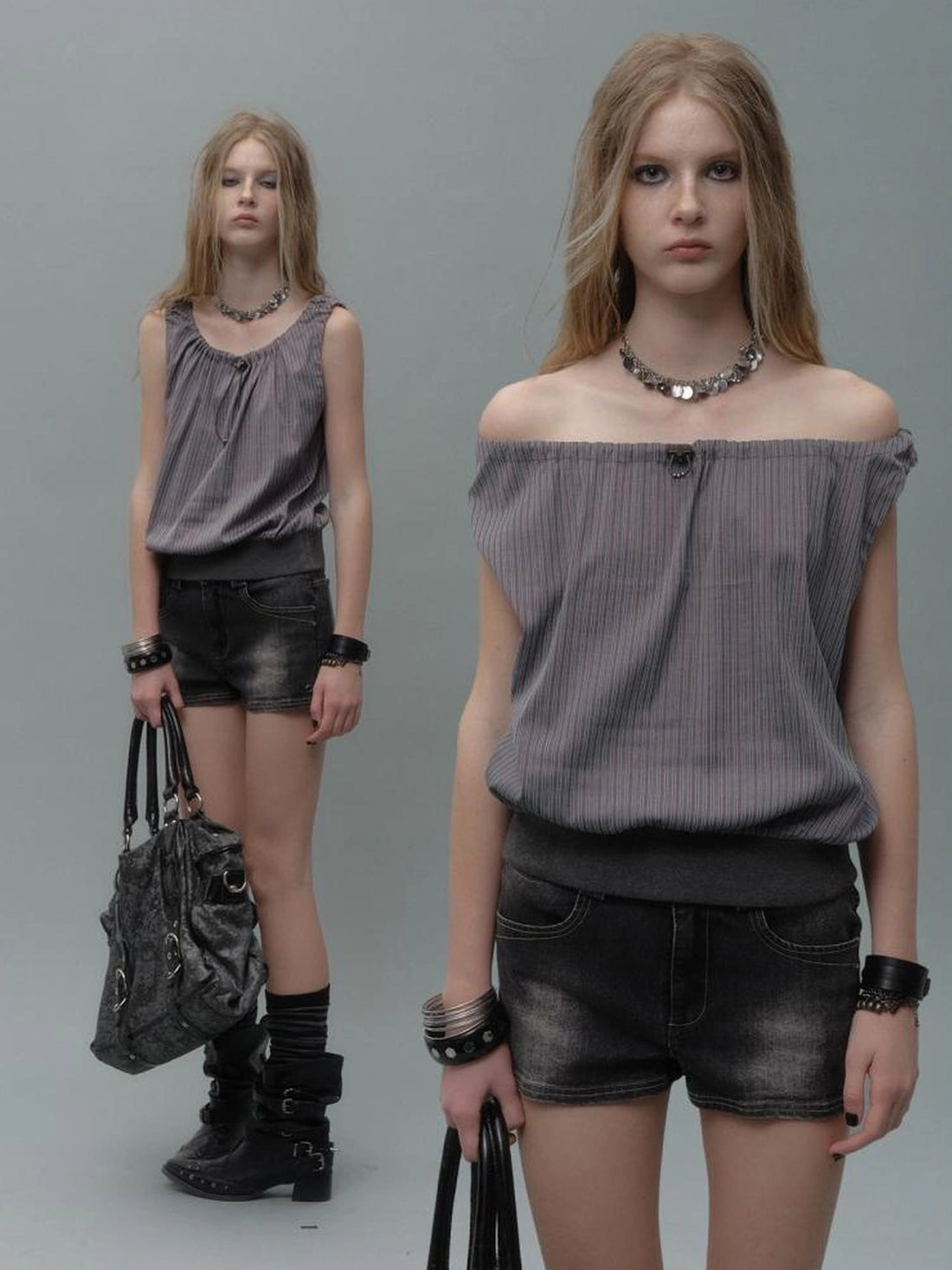 wear And tear Two Way Drawstring Ribbed Hem Stripe V-neck T-shirt Long Sleeve