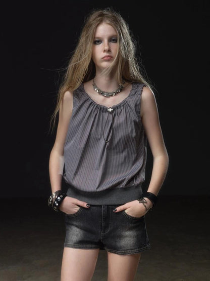 wear And tear Two Way Drawstring Ribbed Hem Stripe V-neck T-shirt Long Sleeve