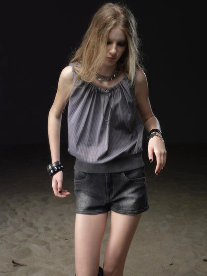 wear And tear Two Way Drawstring Ribbed Hem Stripe V-neck T-shirt Long Sleeve