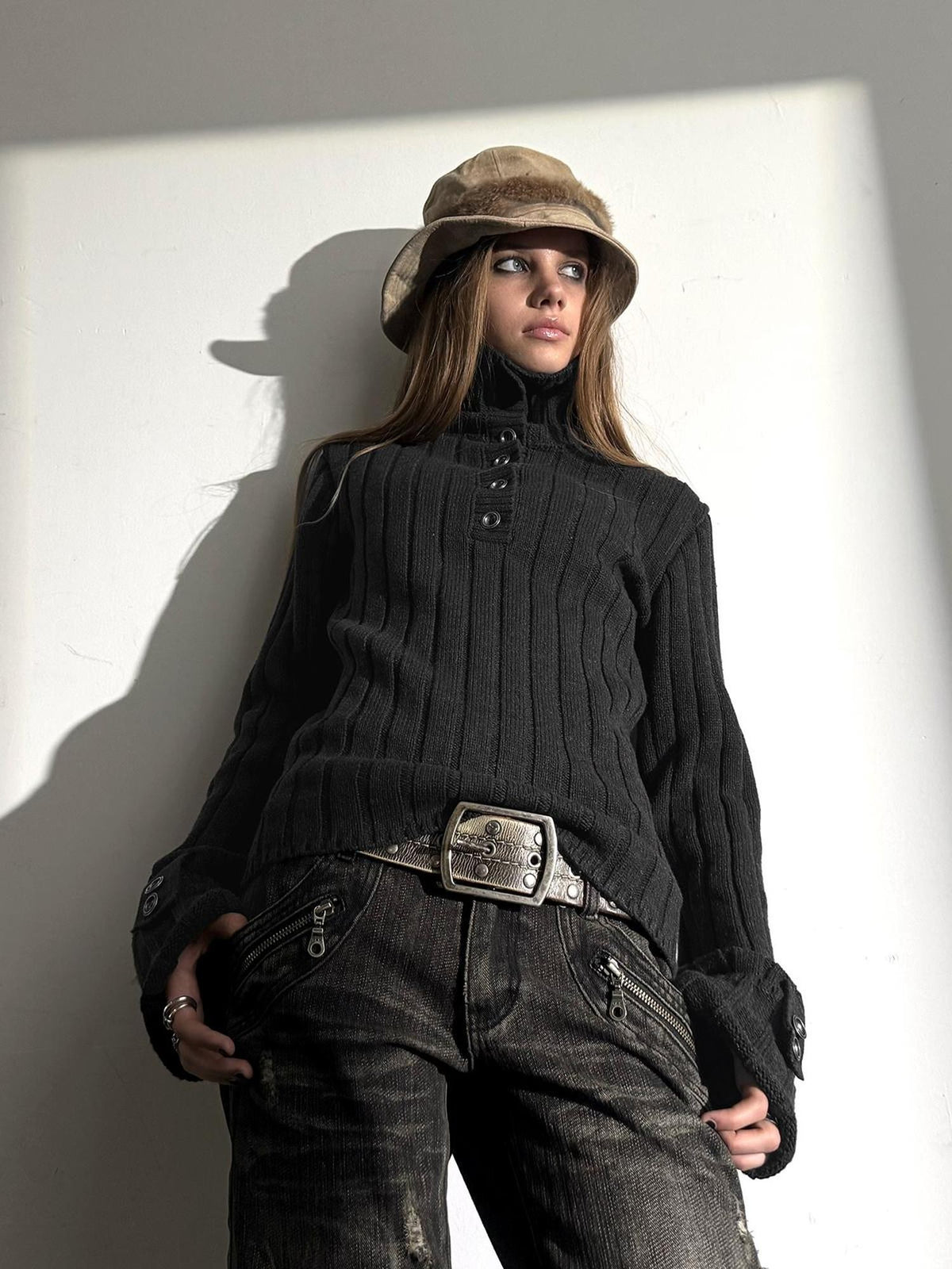 wear And tear Two Way Stacked Turtleneck Ribbed Faux Layered Folded Cuff Slim Fit Women&