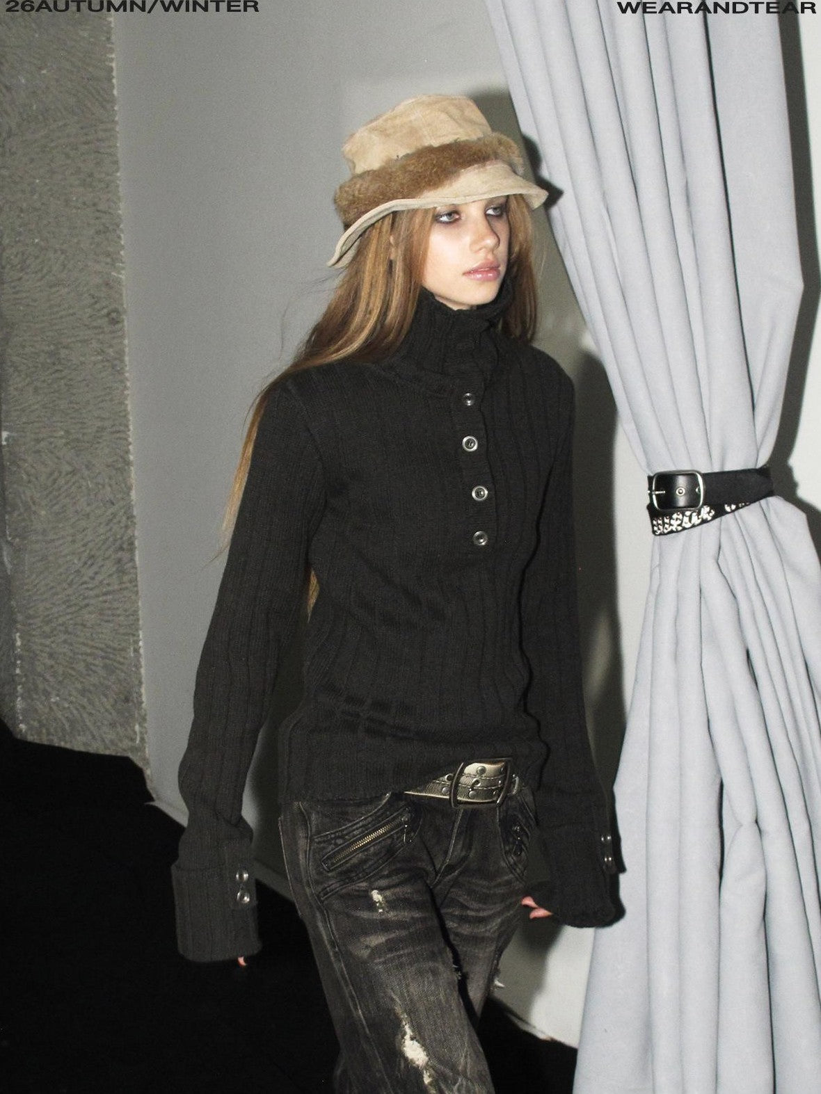 wear And tear Two Way Stacked Turtleneck Ribbed Faux Layered Folded Cuff Slim Fit Women&