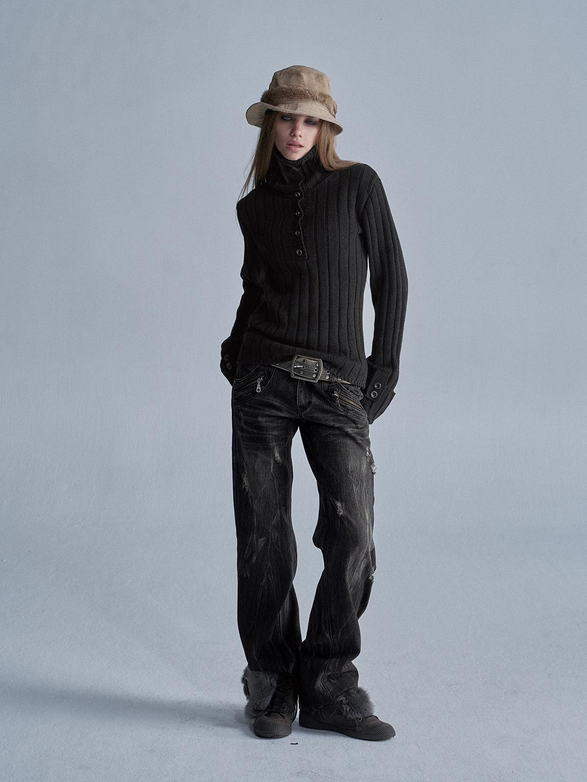 wear And tear Two Way Stacked Turtleneck Ribbed Faux Layered Folded Cuff Slim Fit Women&