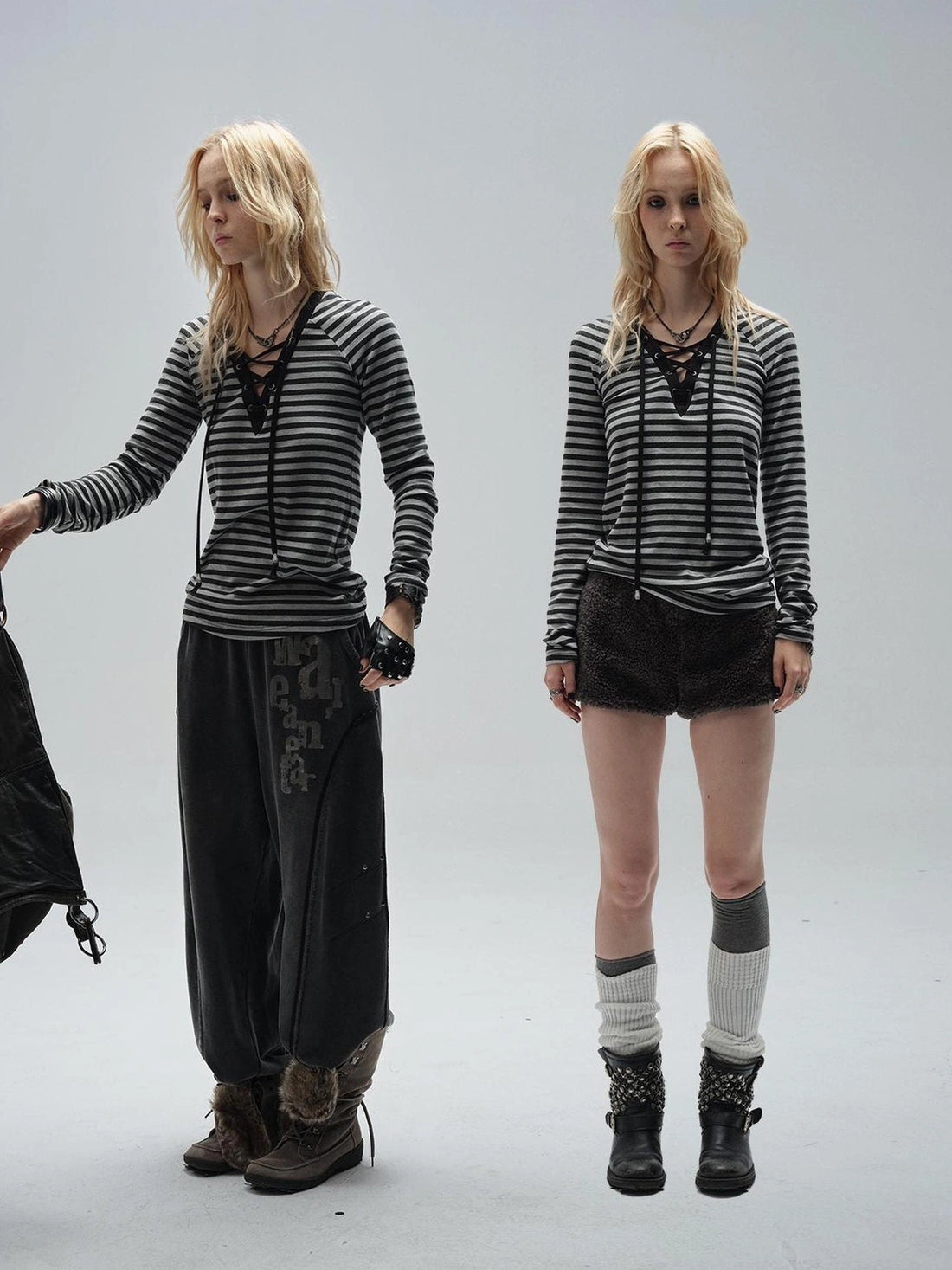 wear And tear V-Neck Lace-Up Striped Punk Raglan T-Shirt