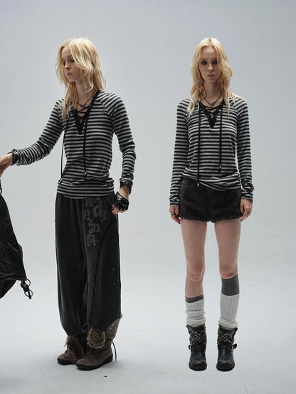 wear And tear V-Neck Lace-Up Striped Punk Raglan T-Shirt