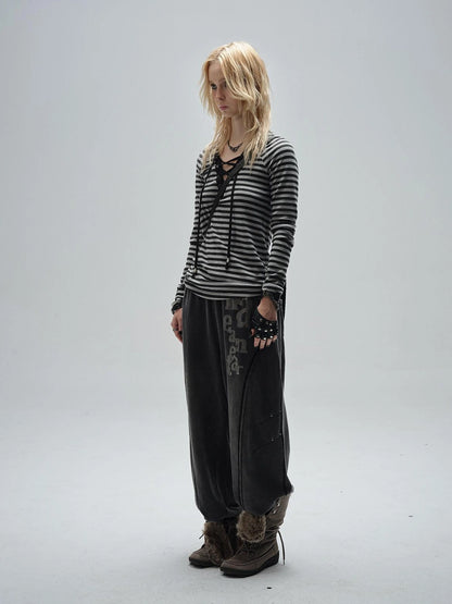 wear And tear V-Neck Lace-Up Striped Punk Raglan T-Shirt