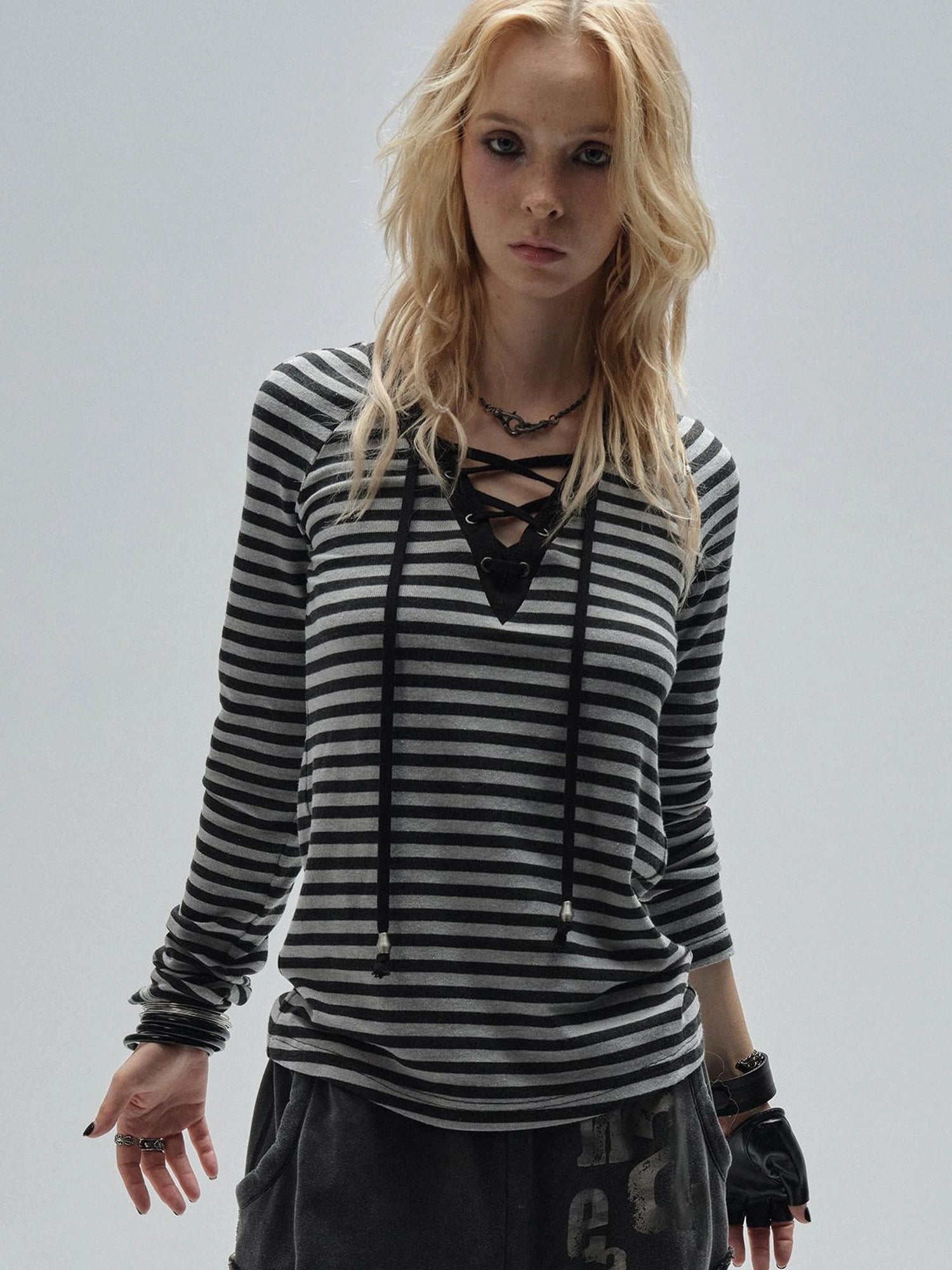 wear And tear V-Neck Lace-Up Striped Punk Raglan T-Shirt