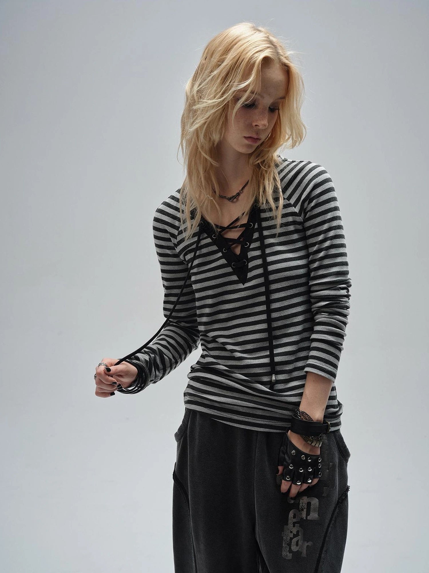 wear And tear V-Neck Lace-Up Striped Punk Raglan T-Shirt