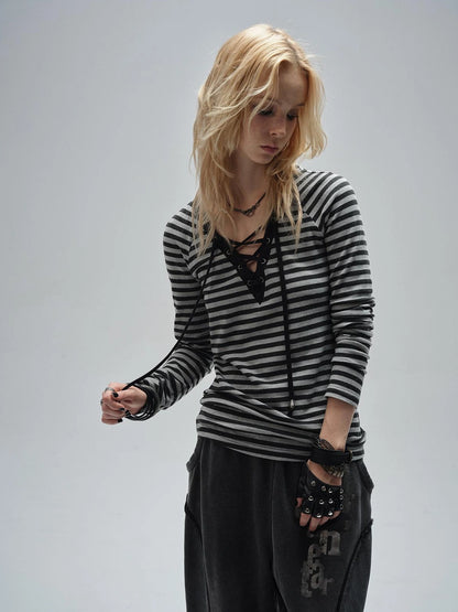 wear And tear V-Neck Lace-Up Striped Punk Raglan T-Shirt