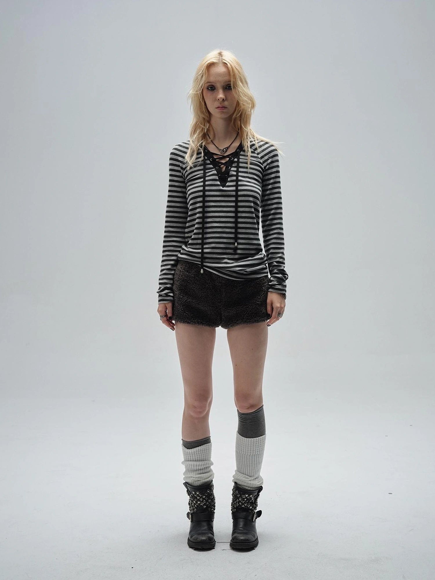 wear And tear V-Neck Lace-Up Striped Punk Raglan T-Shirt
