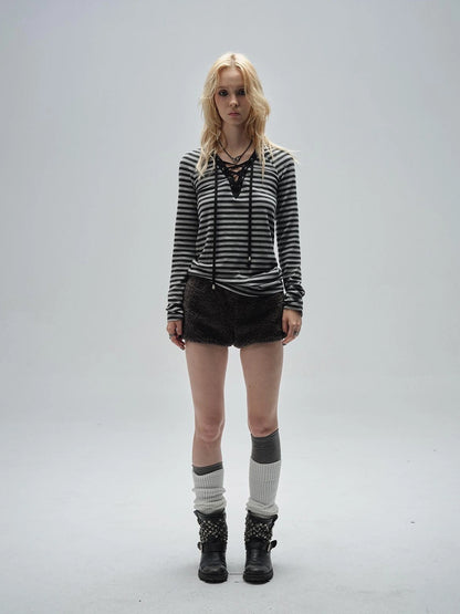 wear And tear V-Neck Lace-Up Striped Punk Raglan T-Shirt