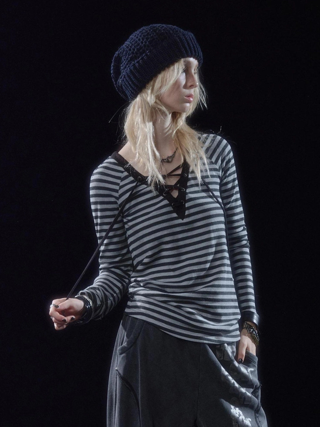 wear And tear V-Neck Lace-Up Striped Punk Raglan T-Shirt