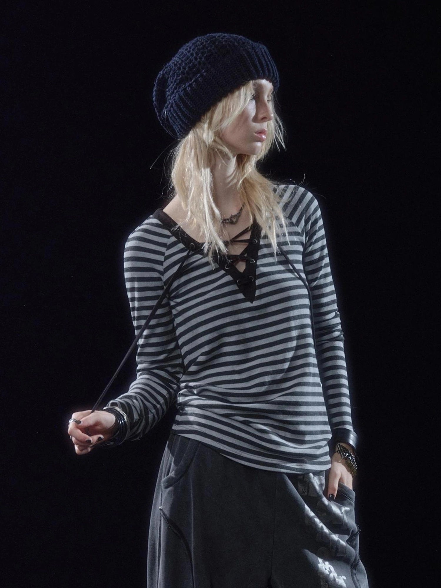wear And tear V-Neck Lace-Up Striped Punk Raglan T-Shirt