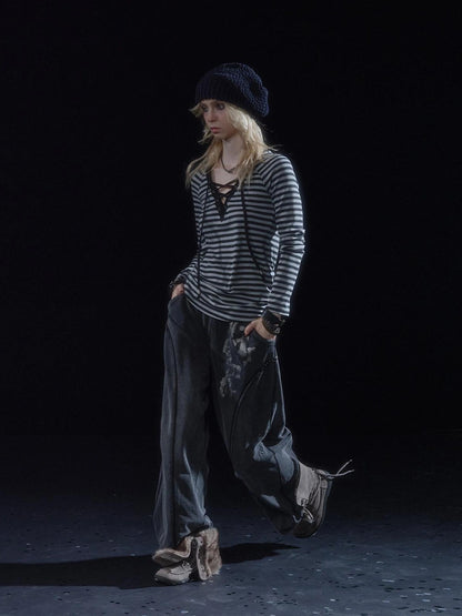 wear And tear V-Neck Lace-Up Striped Punk Raglan T-Shirt