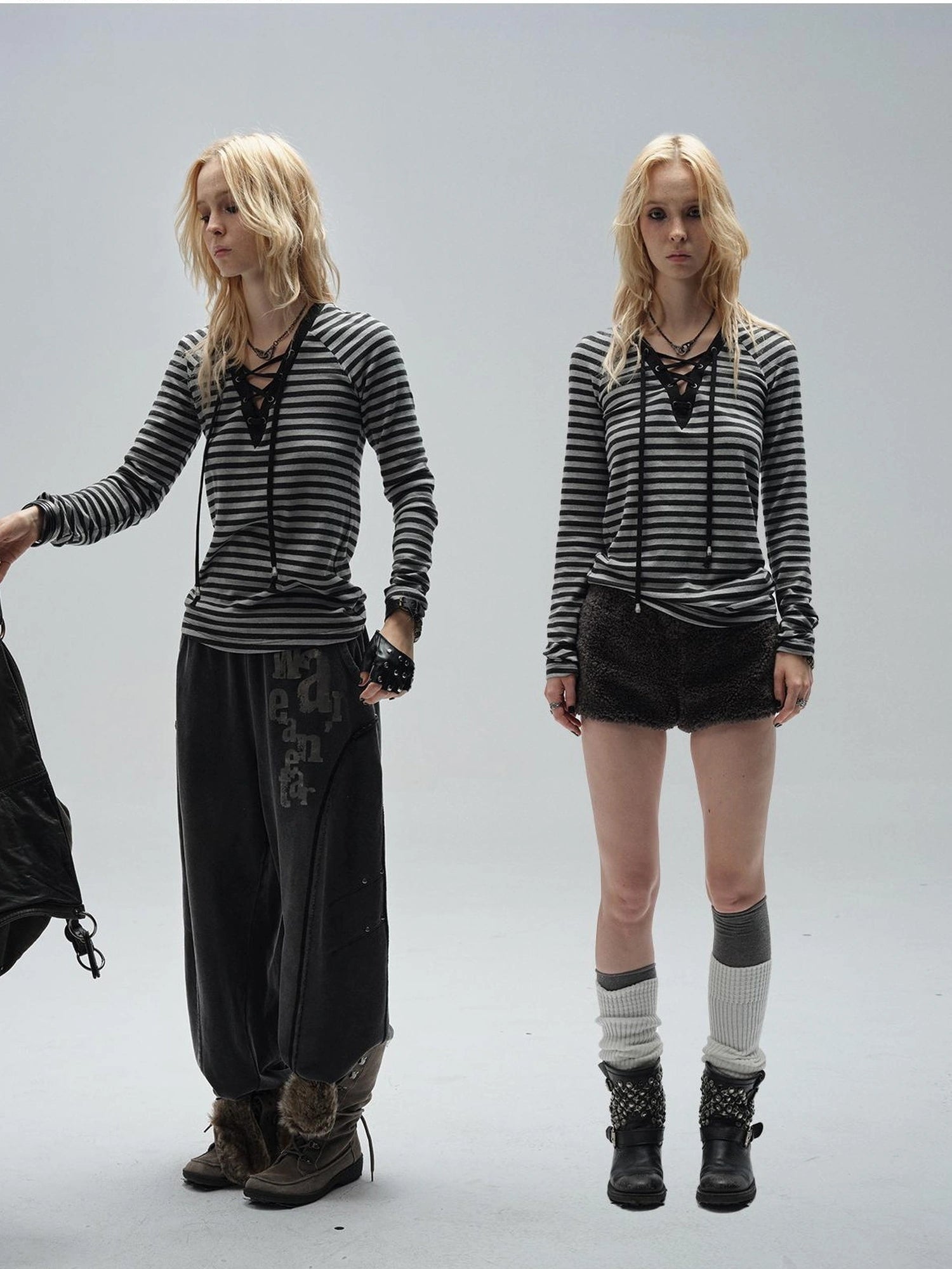wear And tear V-Neck Lace-Up Striped Punk Raglan T-Shirt
