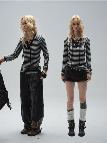 wear And tear V-Neck Lace-Up Striped Punk Raglan T-Shirt
