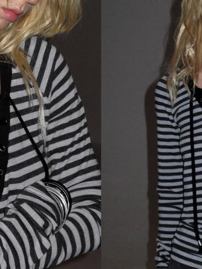 wear And tear V-Neck Lace-Up Striped Punk Raglan T-Shirt