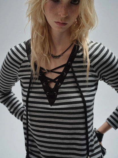wear And tear V-Neck Lace-Up Striped Punk Raglan T-Shirt
