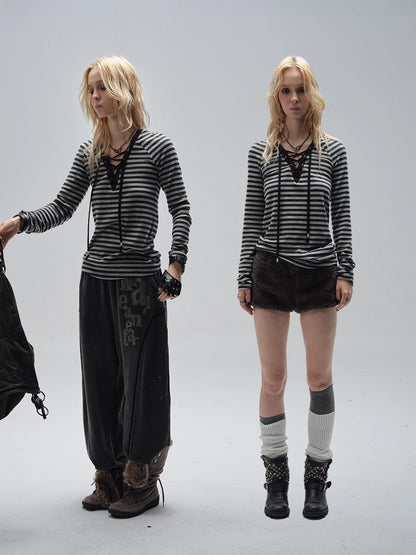 wear_And_tear_V-Neck_Lace-Up_Striped_Punk_Raglan_T-Shirt_MISSTT