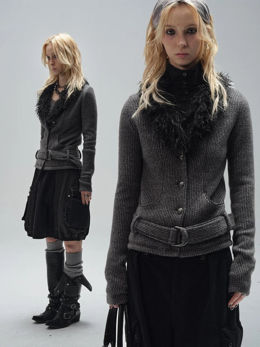 wear And tear V-Neck Shearling Trimmed Belted Cropped Knit