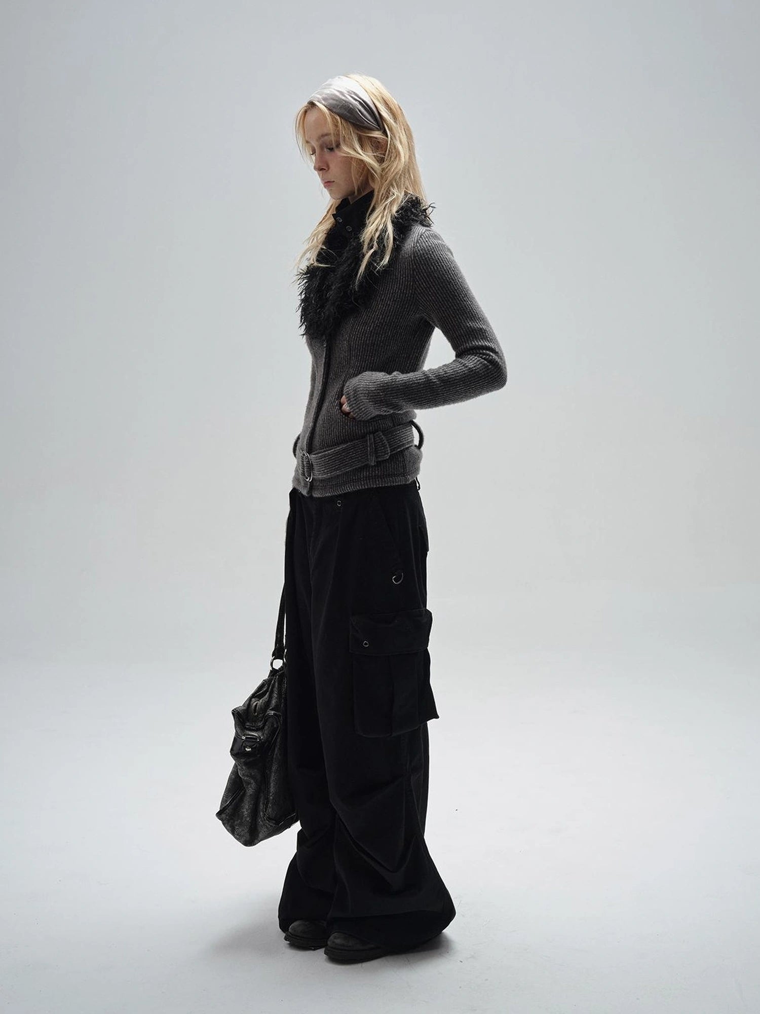 wear And tear V-Neck Shearling Trimmed Belted Cropped Knit