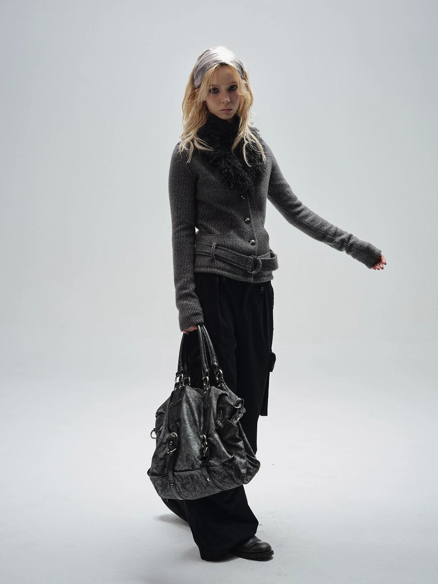 wear And tear V-Neck Shearling Trimmed Belted Cropped Knit