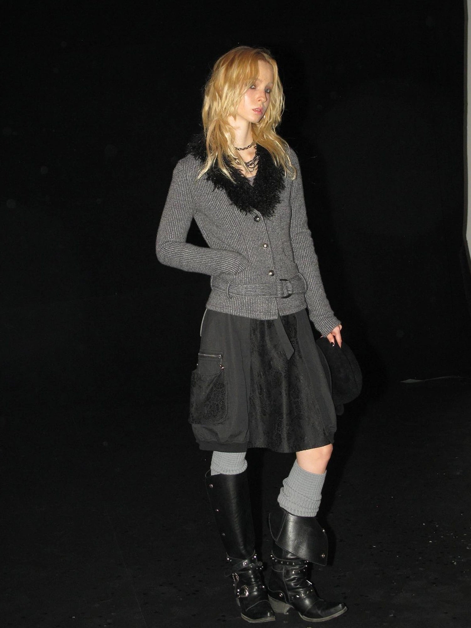 wear And tear V-Neck Shearling Trimmed Belted Cropped Knit