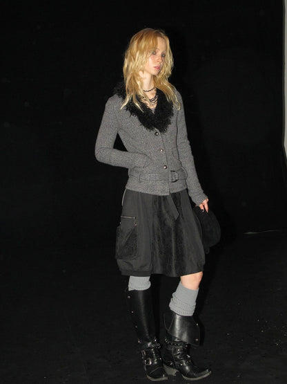 wear And tear V-Neck Shearling Trimmed Belted Cropped Knit