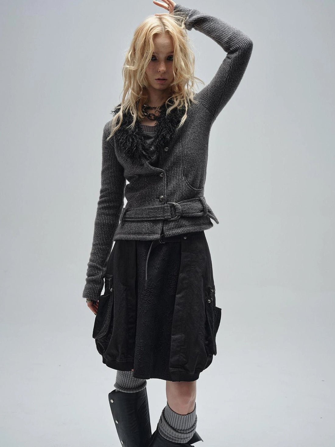 wear And tear V-Neck Shearling Trimmed Belted Cropped Knit