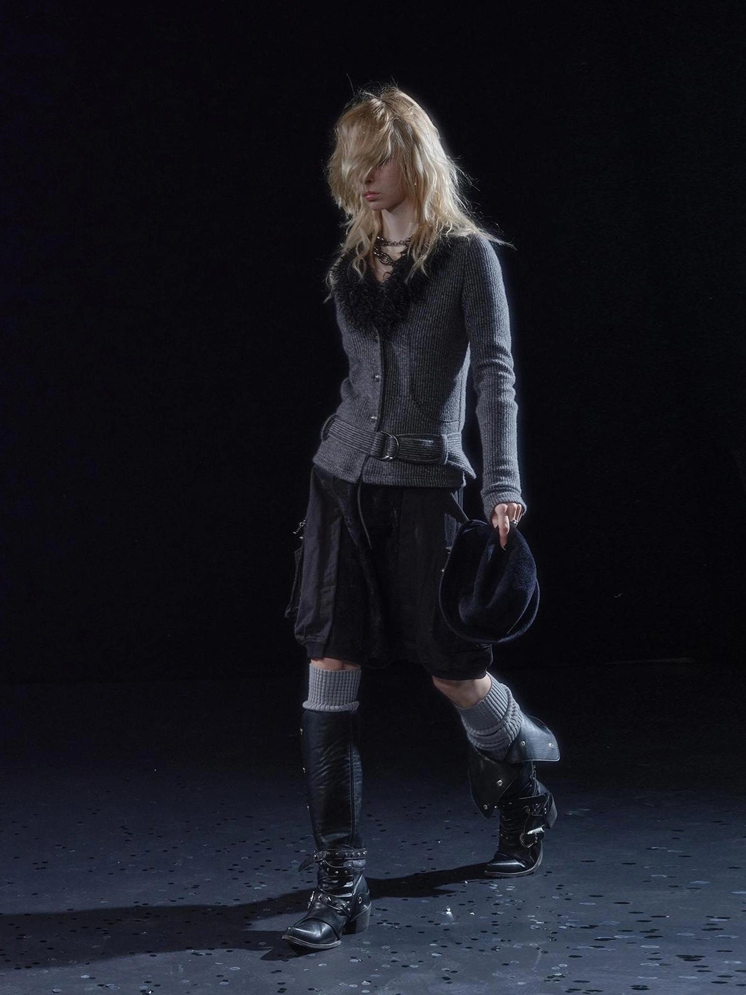 wear And tear V-Neck Shearling Trimmed Belted Cropped Knit