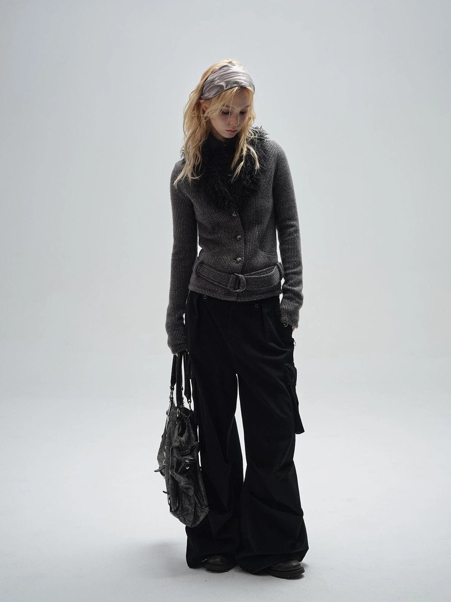 wear And tear V-Neck Shearling Trimmed Belted Cropped Knit