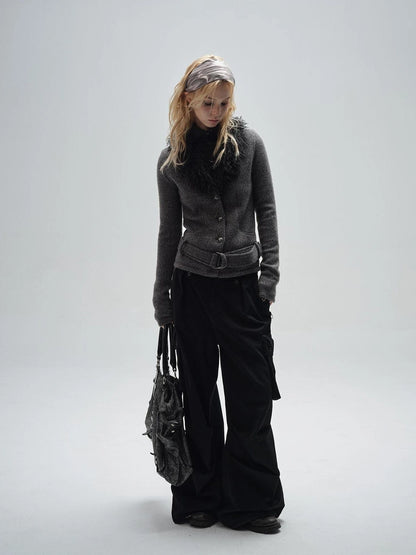 wear And tear V-Neck Shearling Trimmed Belted Cropped Knit