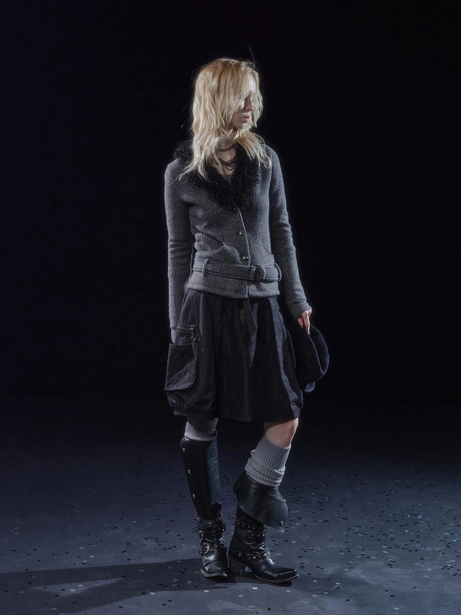 wear And tear V-Neck Shearling Trimmed Belted Cropped Knit