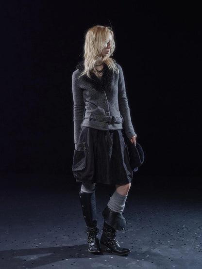 wear And tear V-Neck Shearling Trimmed Belted Cropped Knit