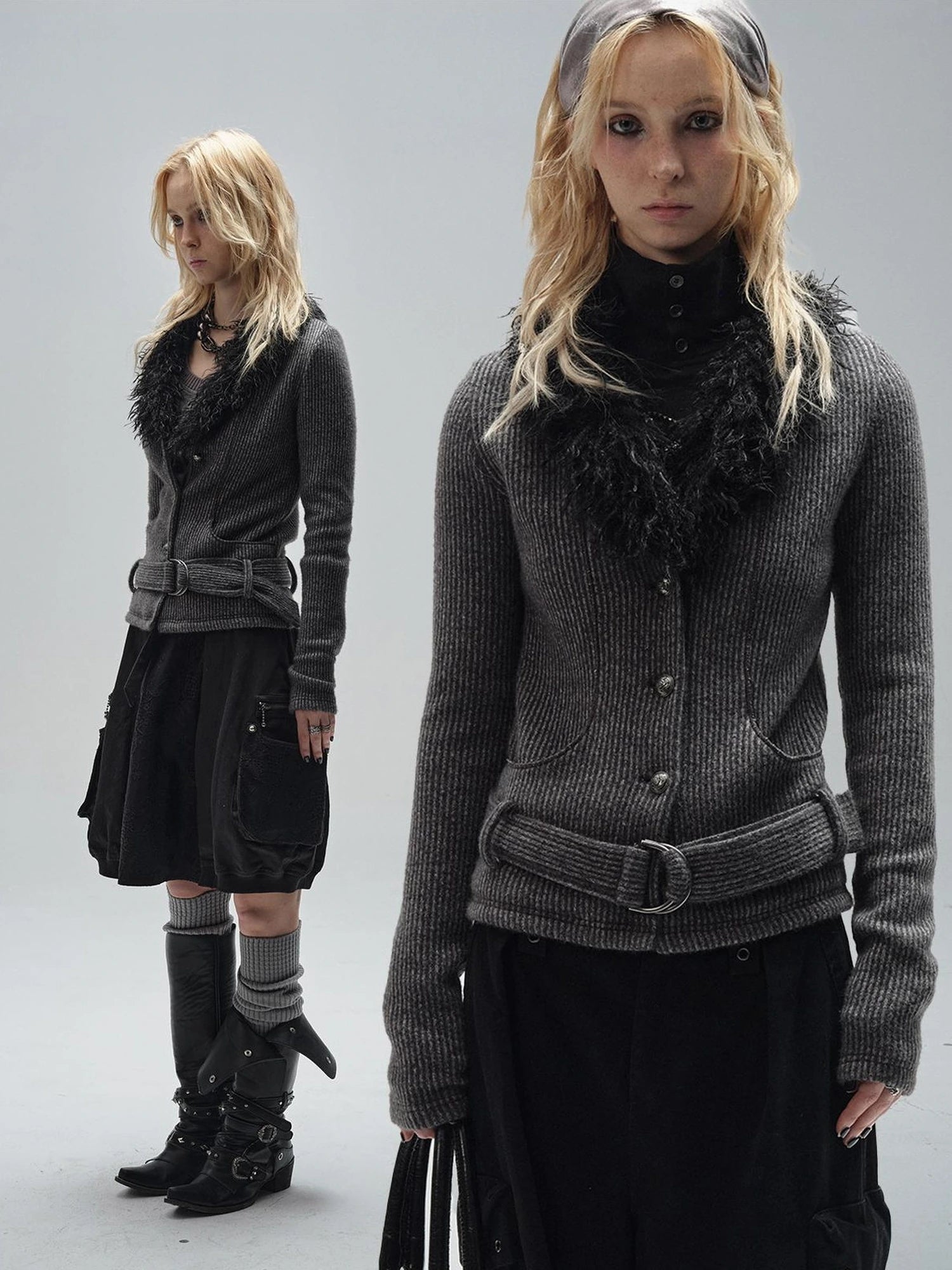 wear And tear V-Neck Shearling Trimmed Belted Cropped Knit