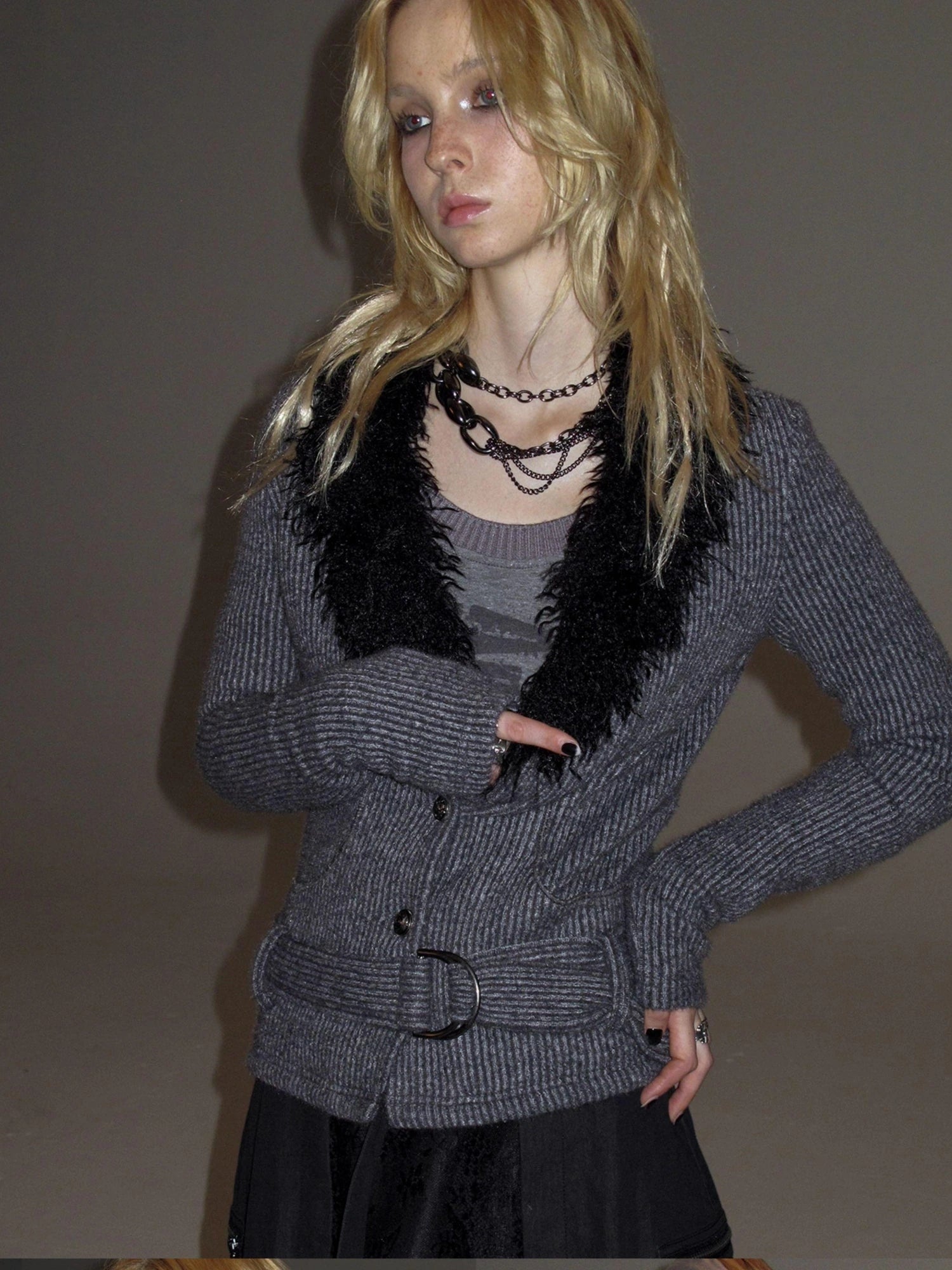 wear And tear V-Neck Shearling Trimmed Belted Cropped Knit