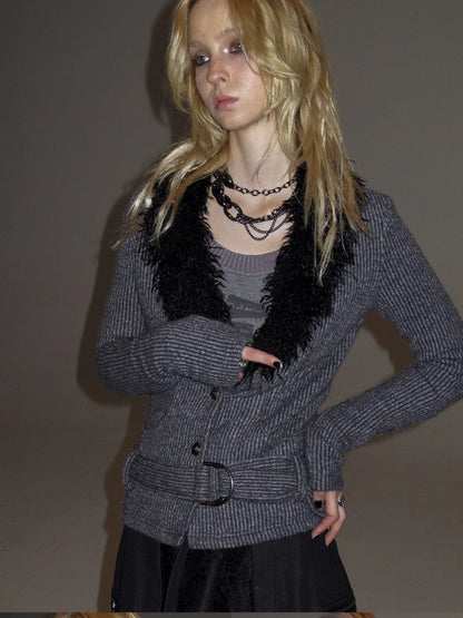 wear And tear V-Neck Shearling Trimmed Belted Cropped Knit