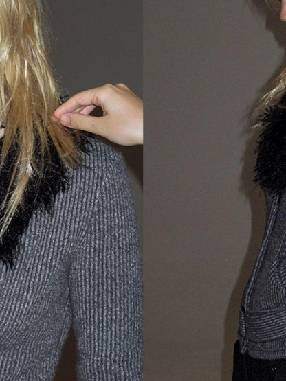 wear And tear V-Neck Shearling Trimmed Belted Cropped Knit