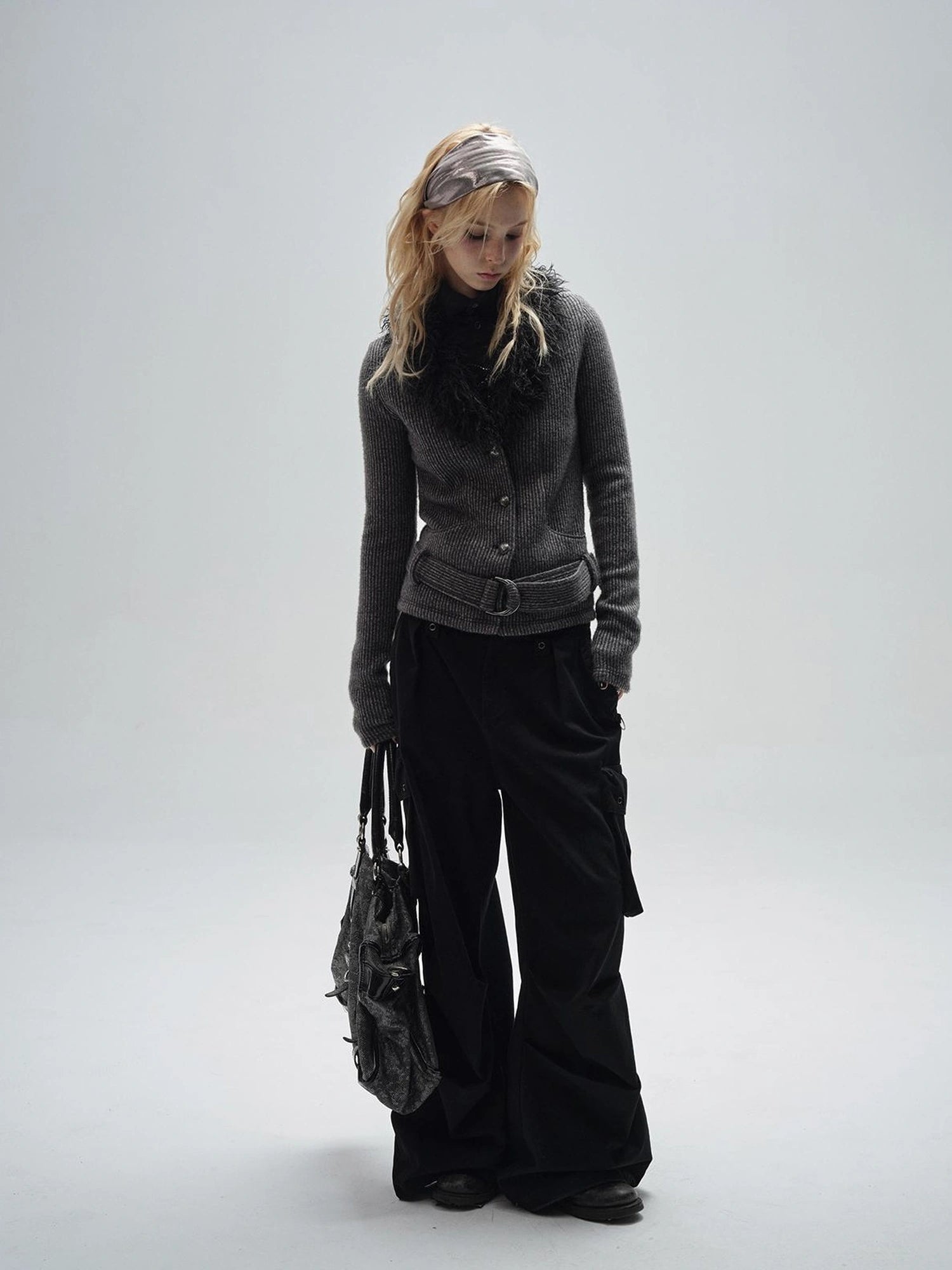 wear And tear V-Neck Shearling Trimmed Belted Cropped Knit