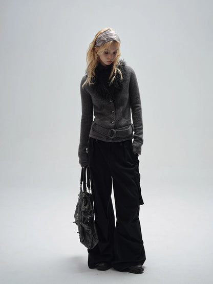 wear And tear V-Neck Shearling Trimmed Belted Cropped Knit
