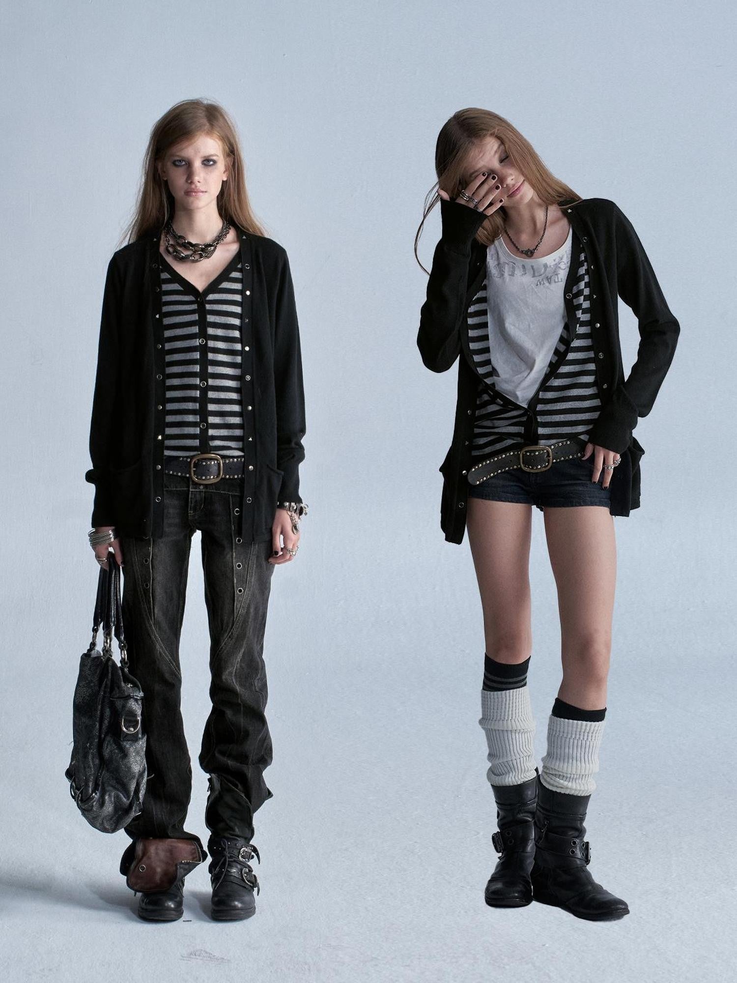 wear And tear V-neck Faux Two Piece Striped Studded Punk Women&
