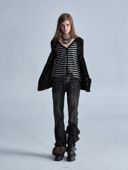 wear And tear V-neck Faux Two Piece Striped Studded Punk Women&