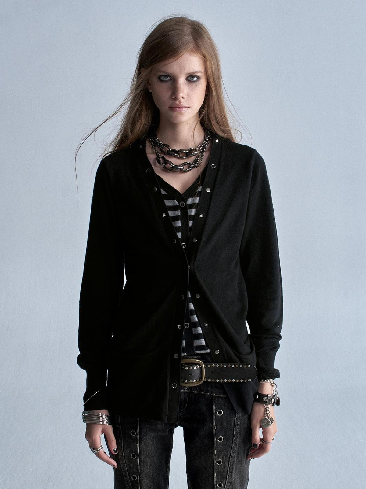 wear And tear V-neck Faux Two Piece Striped Studded Punk Women&