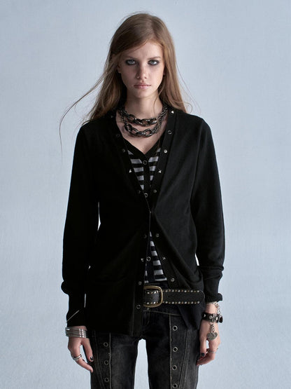 wear And tear V-neck Faux Two Piece Striped Studded Punk Women&