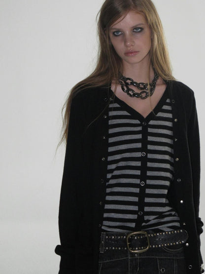 wear And tear V-neck Faux Two Piece Striped Studded Punk Women&