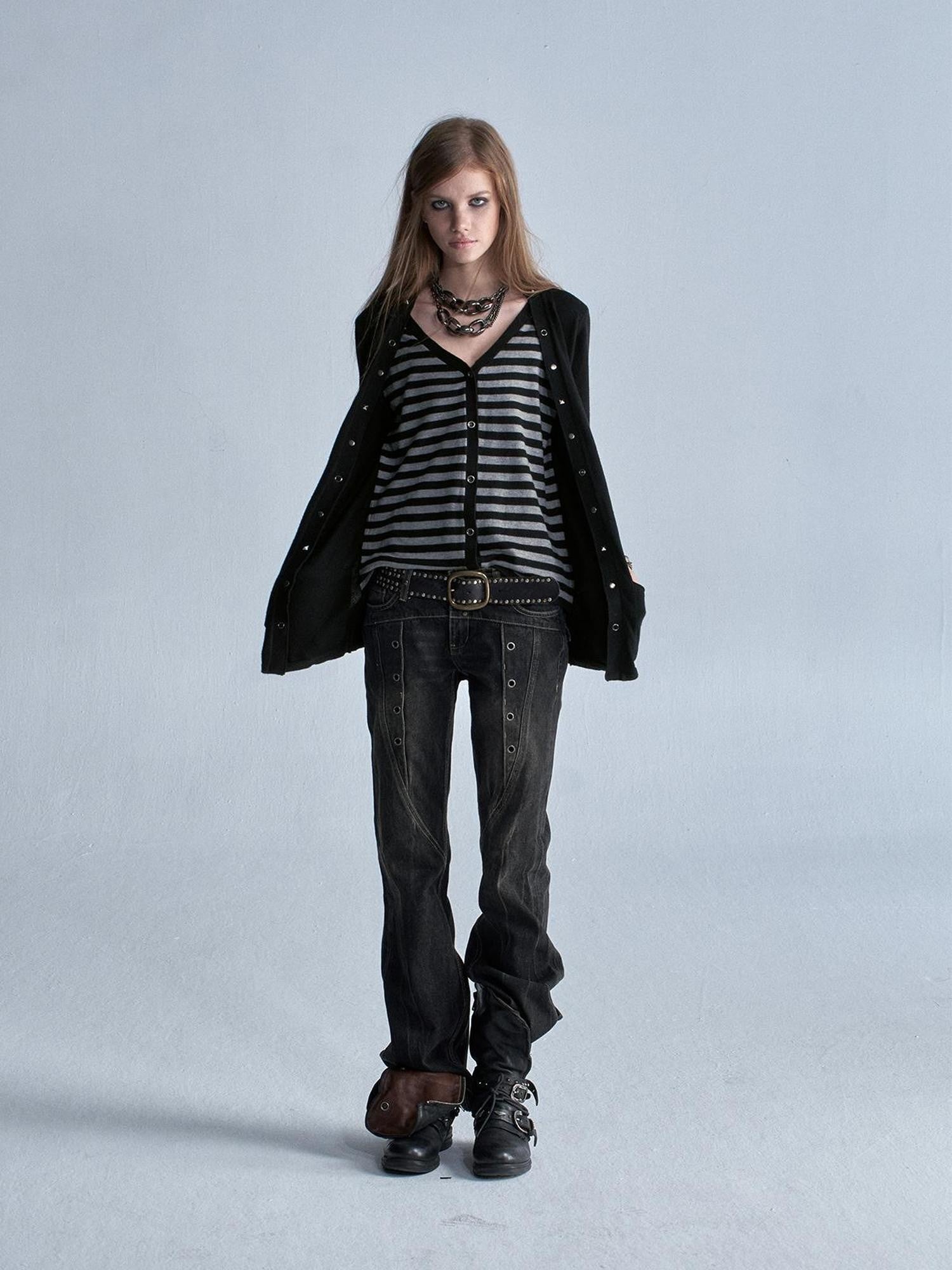 wear And tear V-neck Faux Two Piece Striped Studded Punk Women&