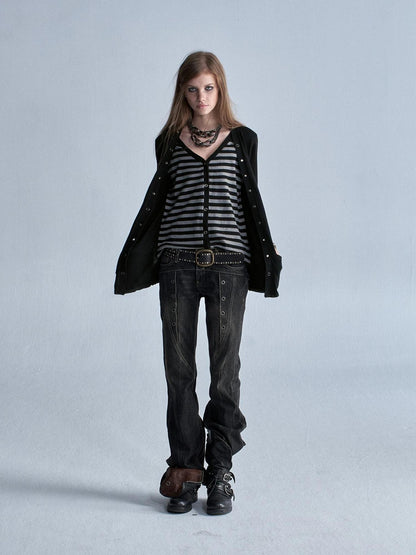 wear And tear V-neck Faux Two Piece Striped Studded Punk Women&