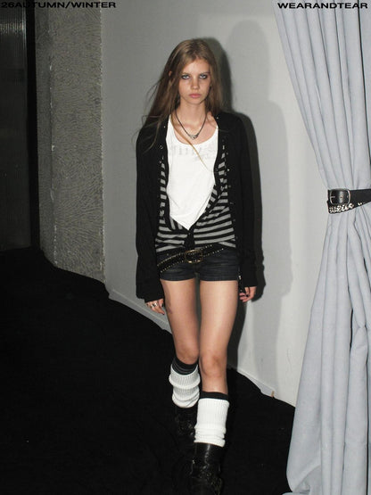 wear And tear V-neck Faux Two Piece Striped Studded Punk Women&