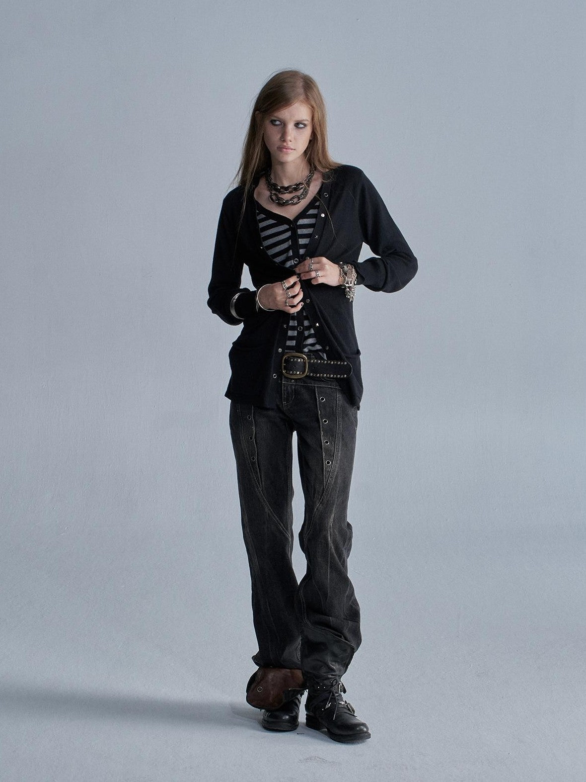 wear And tear V-neck Faux Two Piece Striped Studded Punk Women&