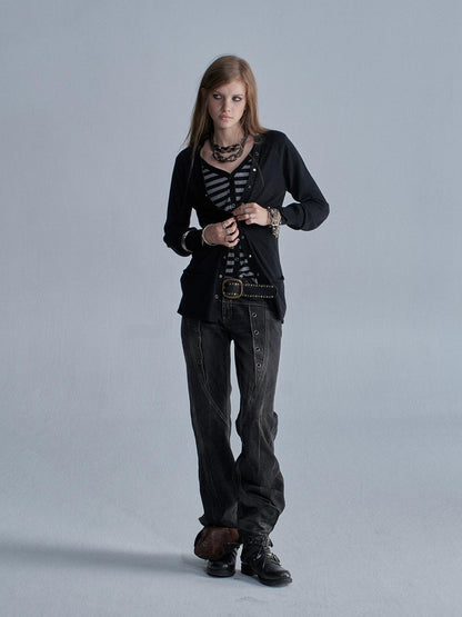 wear And tear V-neck Faux Two Piece Striped Studded Punk Women&