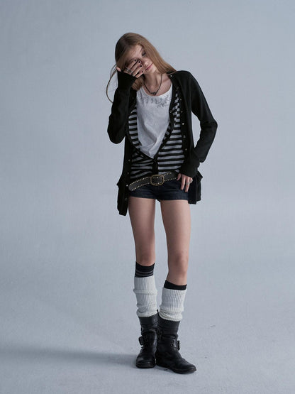 wear And tear V-neck Faux Two Piece Striped Studded Punk Women&